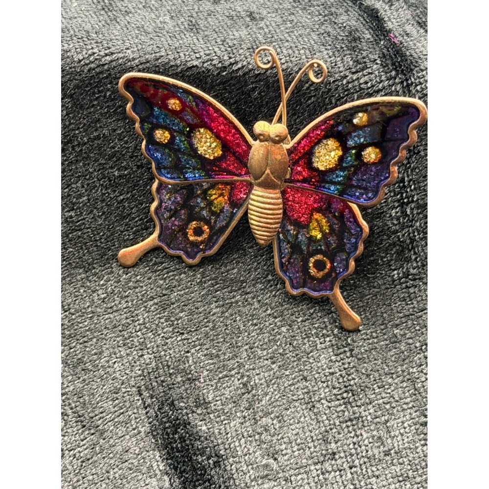 Vintage Cloisinné Enamel Butterfly Brooch Gold Tone Glitter Wing Pin Multi Color